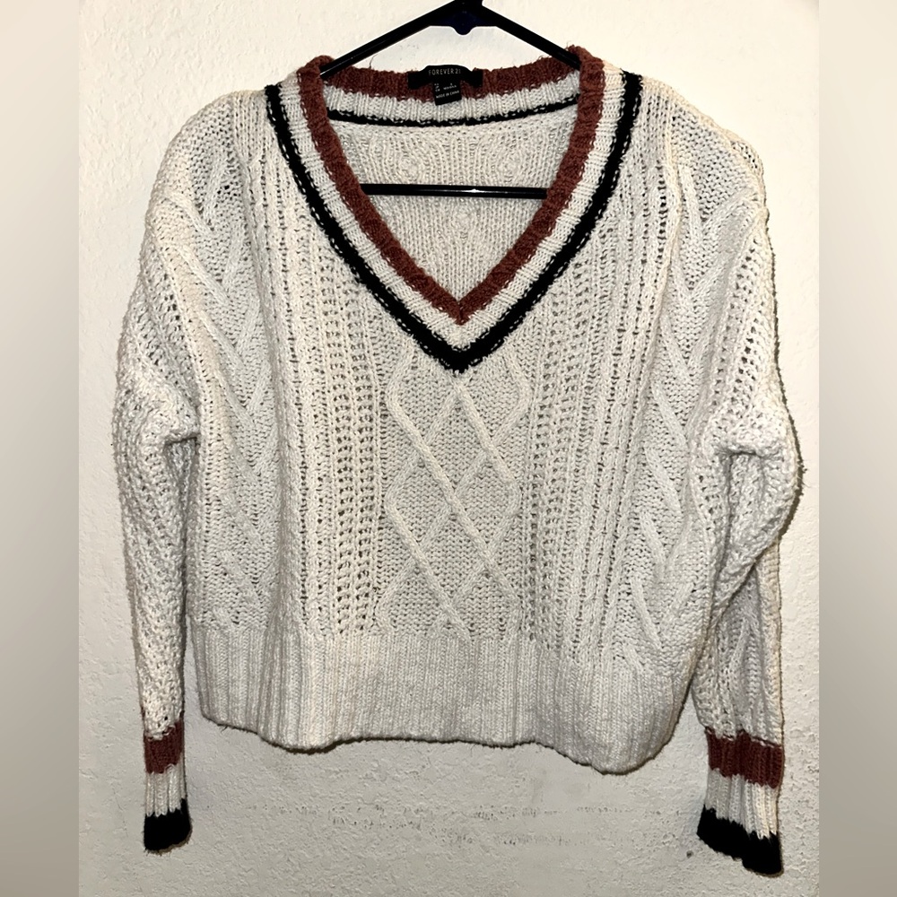 Forever 21 White V-Neck Sweater with Brown and Black Trim